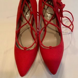 Red Suede Lace-Up Heels